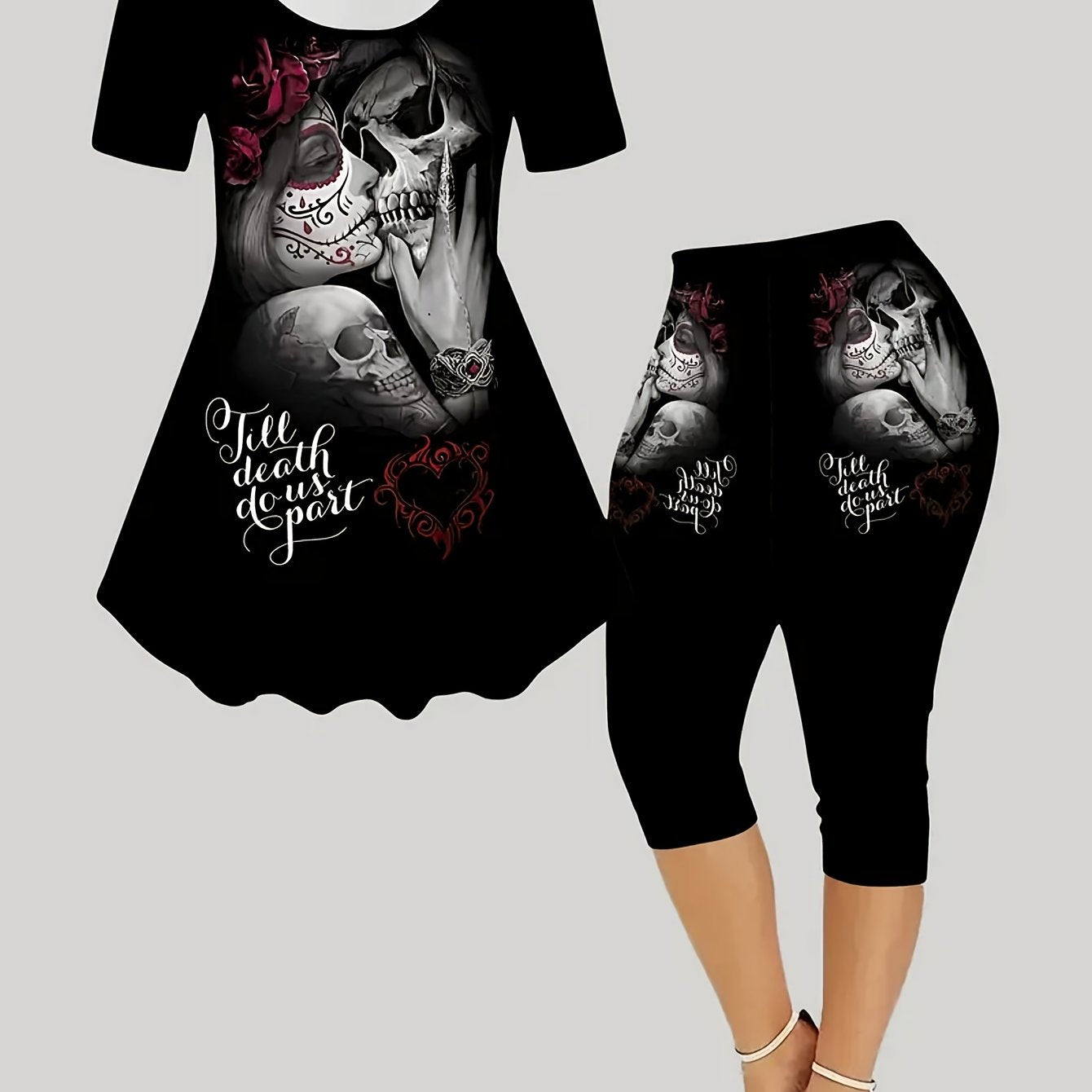 Women's Gothic 2pcs Set - Gothic Skull & Bat Print Short Sleeve Top & Leggings with Heart & Rose Corset Design - Stretchy All-Season Casual Outfit for Themed Parties, Casual Attire - Machine Washable (Spring/Summer) - Black &