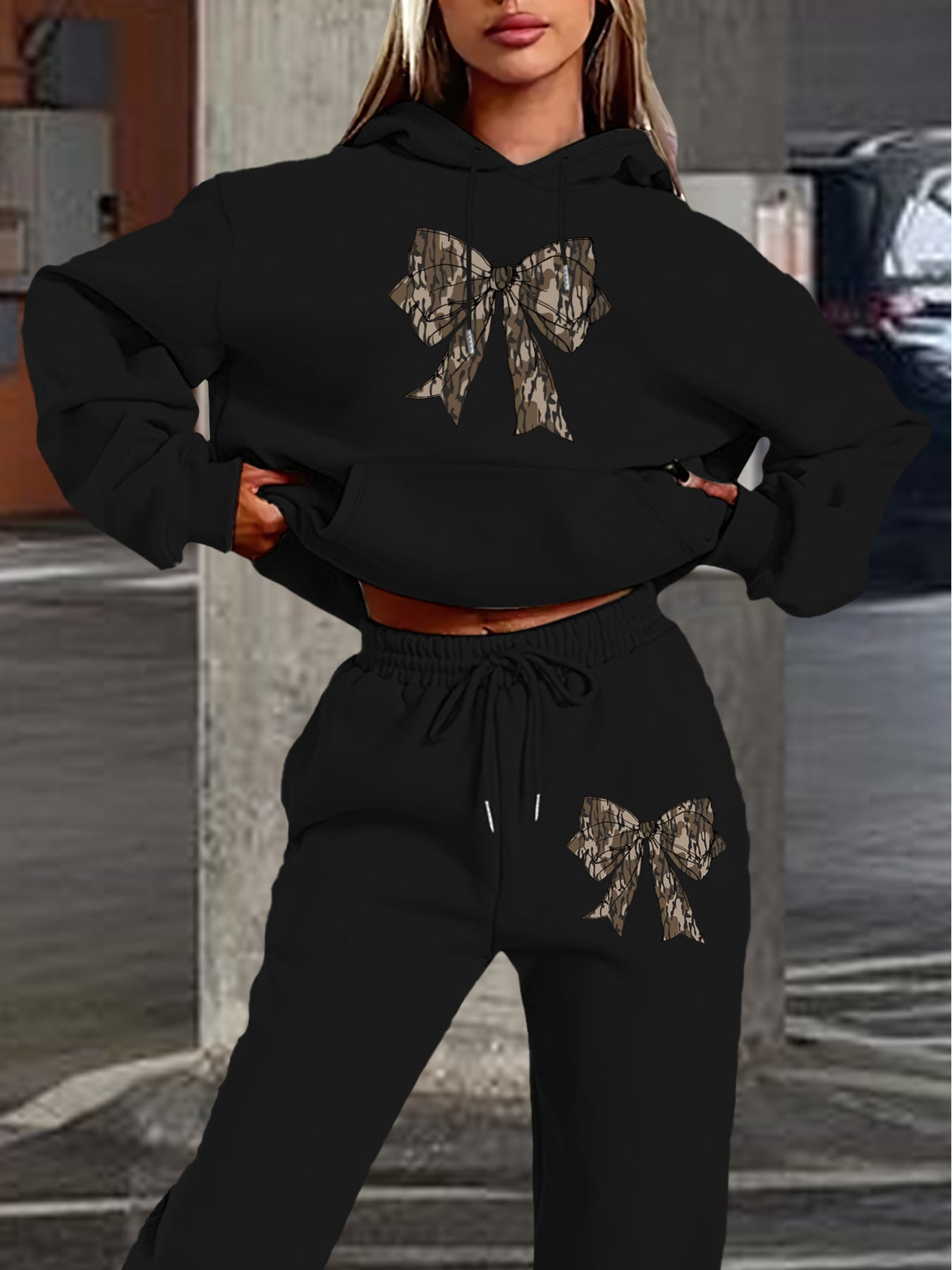 2024 Women's Navy Blue Hoodie & Jogger Set with Camo Bow Detail - Casual Long Sleeve, 100% Polyester Outfit, Machine Washable, Perfect for Fall/Winter