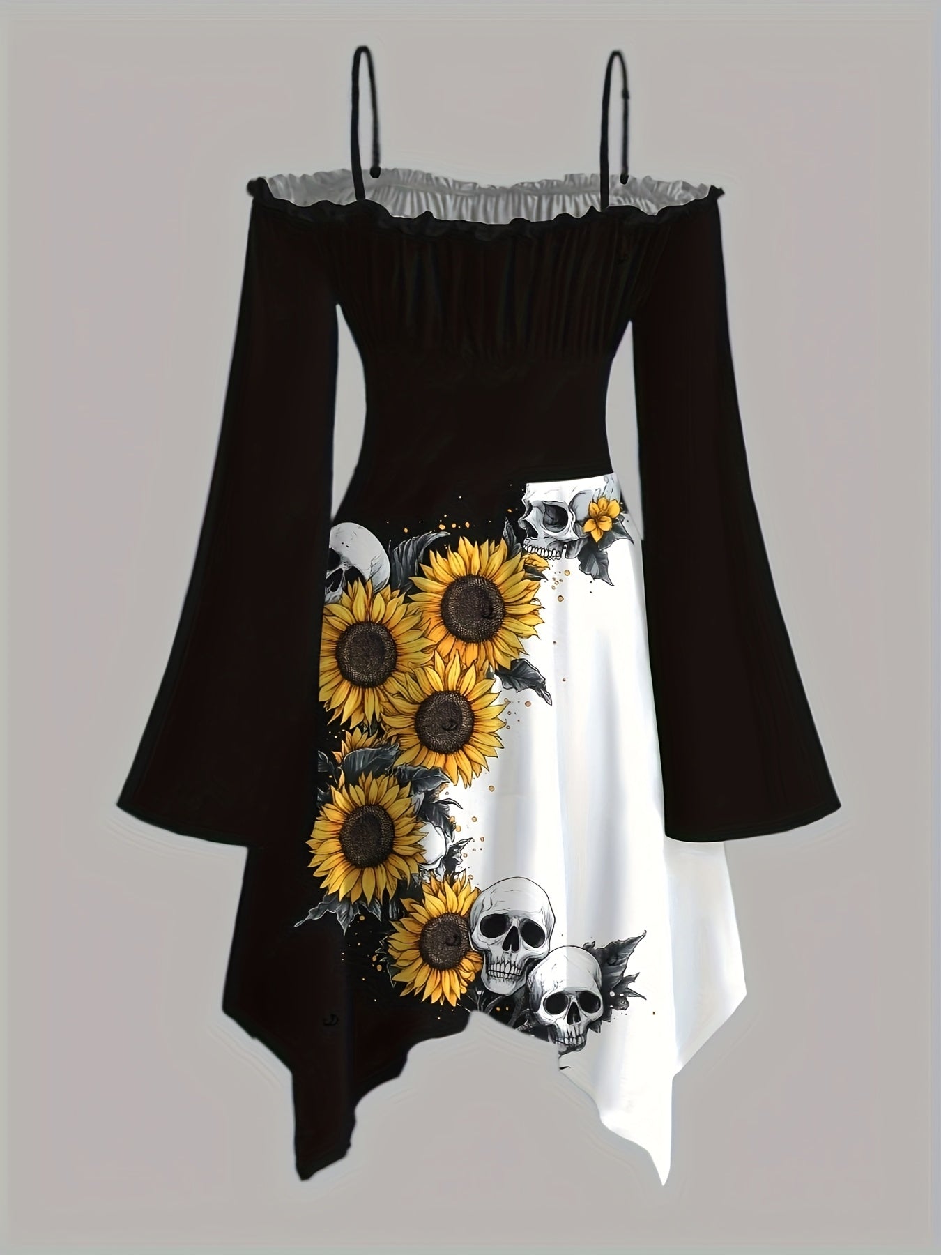 Women's Gothic Victorian-Inspired Sunflower & Skull Print Maxi Dress - Lace-Up Front with Ruffled Off-Shoulder Spaghetti Strap, Asymmetrical Hem & Bell Sleeves, Machine Washable A-Line Silhouette for Halloween, Themed Parties