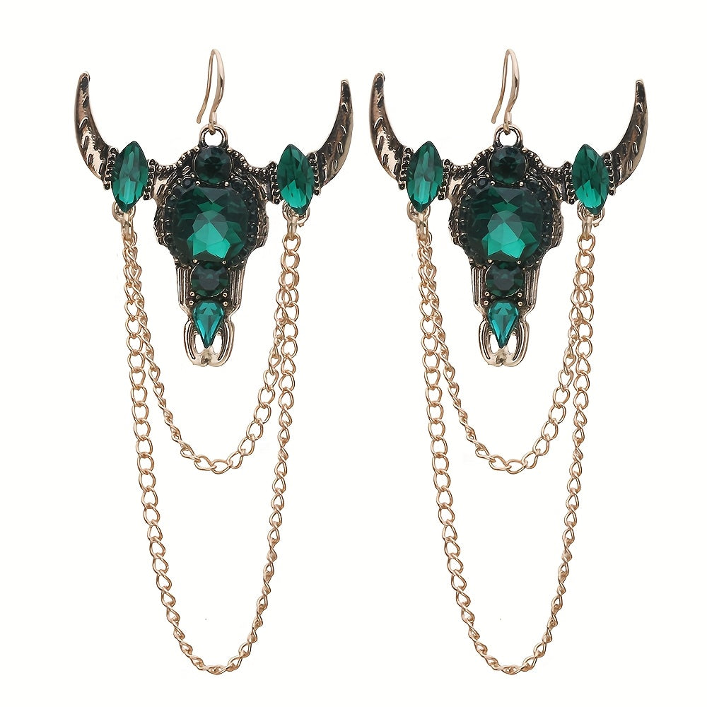 Gothic Western Vintage Tassel Rhinestone Bull Head Long Earrings for Women's Party Casual Fashion Jewelry