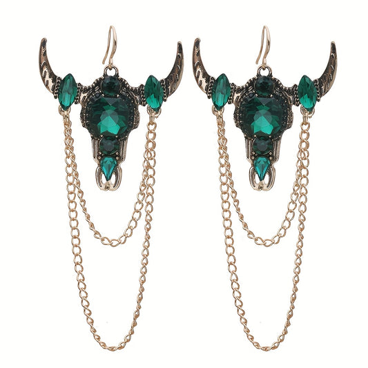 Gothic Western Vintage Tassel Rhinestone Bull Head Long Earrings for Women's Party Casual Fashion Jewelry