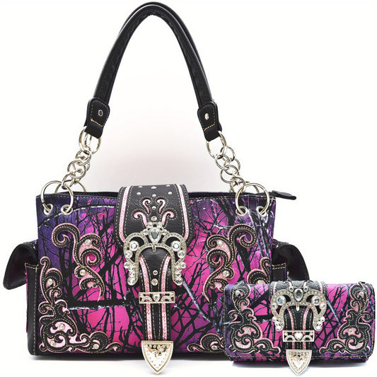 Camouflage Crown Buckle Western Style Purse Floral Shine Glow Country Handbag Women Shoulder Bag Crossbody Wallet Set