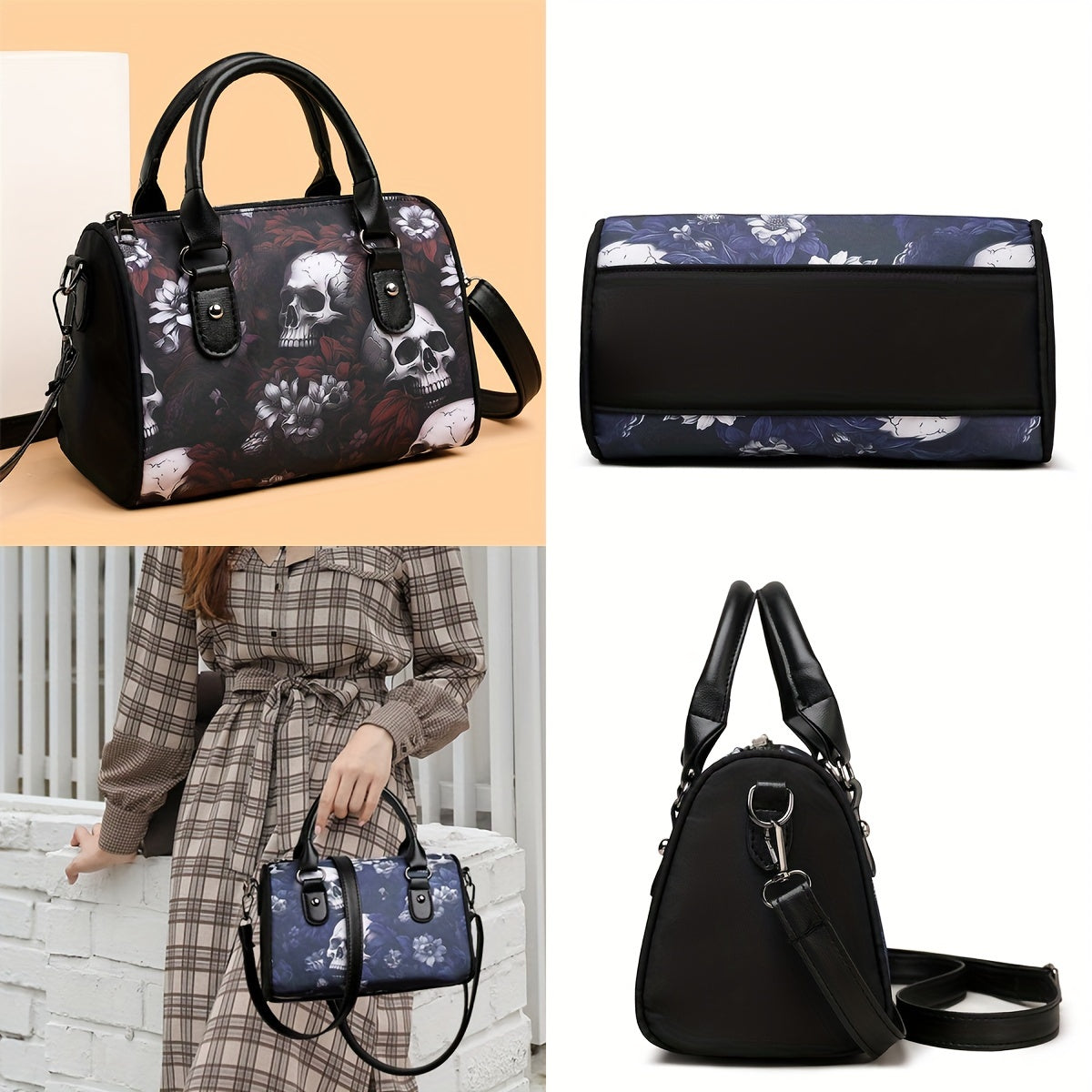 Skull Flower Pattern Handbag, Gothic Boston Shoulder Bag, Halloween Crossbody Bag For Women