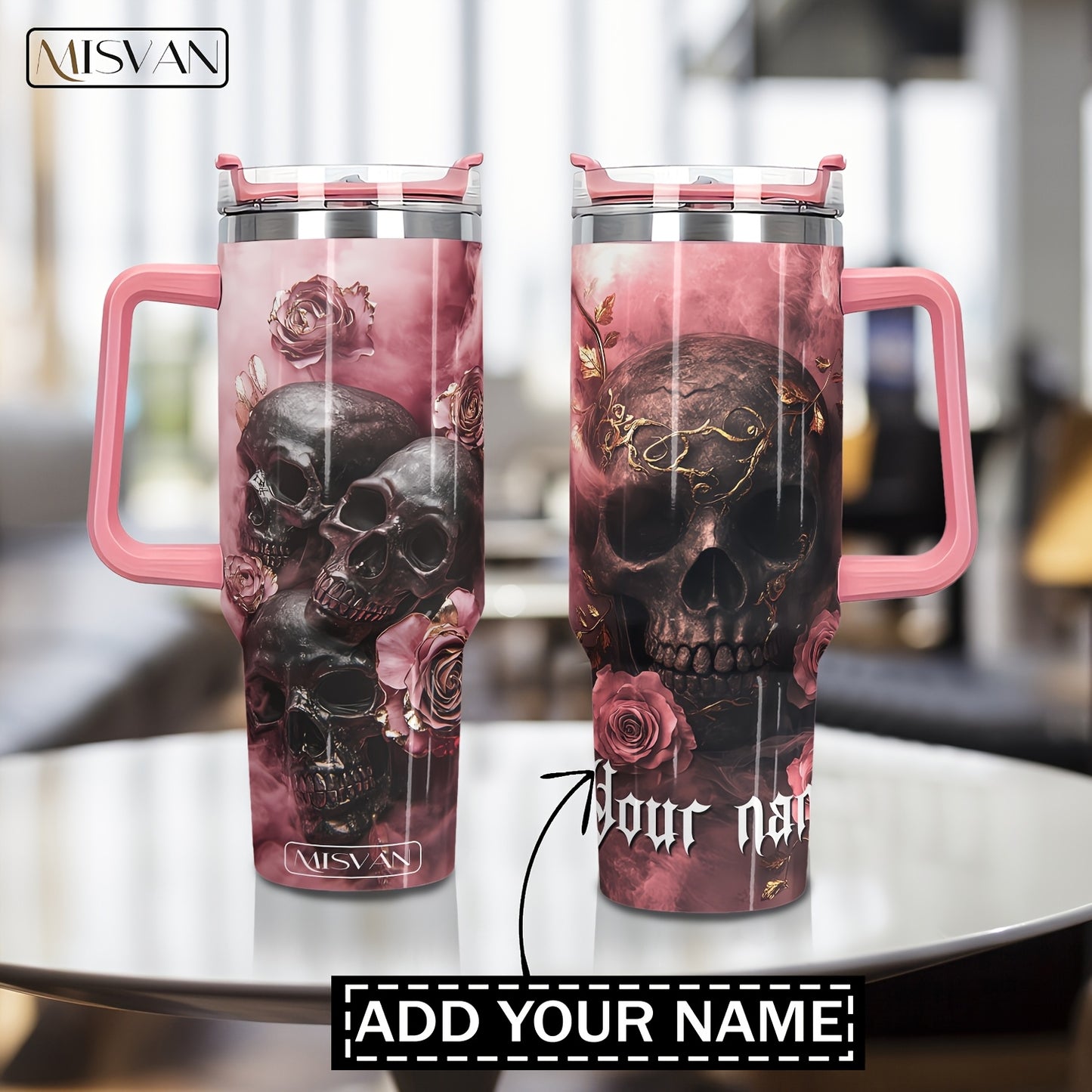 1pc MISVAN Personalized Tumbler with Lid - Custom Name Pink Golden Rose Skull Print 40oz Stainless Steel Insulated Water Bottle, BPA-Free Hot & Cold Drinkware for Outdoor Travel, Mother's Day Father's Day Graduation Gifts