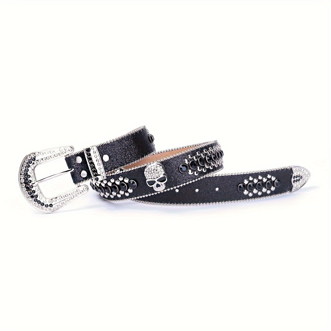 YIQIFEFA Punk Rhinestone & Stud Skull Belt for Women - Sparkling Black PU Western Cowboy Style Belt with Metallic Accents, Casual Outing to Party Accessory, Evening Accessory, Edgy Fashion Accessory, Stylish Craftsmanship, Al