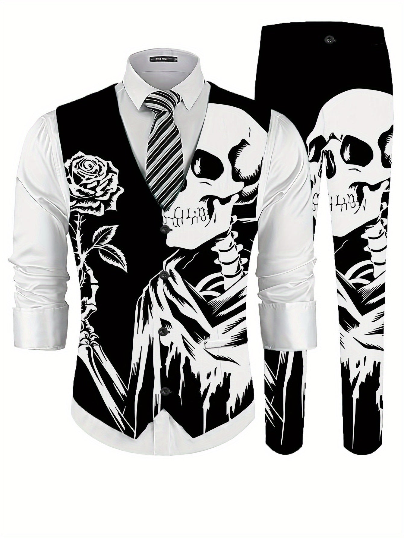 [Gothic Style Vest Set] 2pcs Men's Fashion Vest + Trousers Set | Black and White Double-Skeleton Element Rose Gothic Style Business Formal Printed Suit Vest and Pants Combination Digital Print Men's Dress Suit