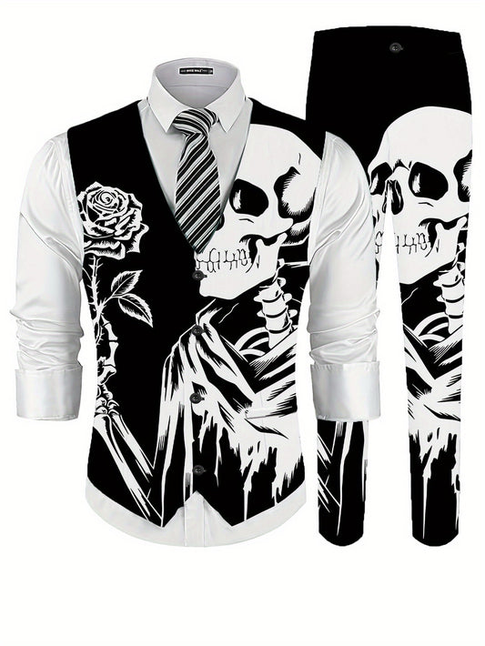 [Gothic Style Vest Set] 2pcs Men's Fashion Vest + Trousers Set | Black and White Double-Skeleton Element Rose Gothic Style Business Formal Printed Suit Vest and Pants Combination Digital Print Men's Dress Suit