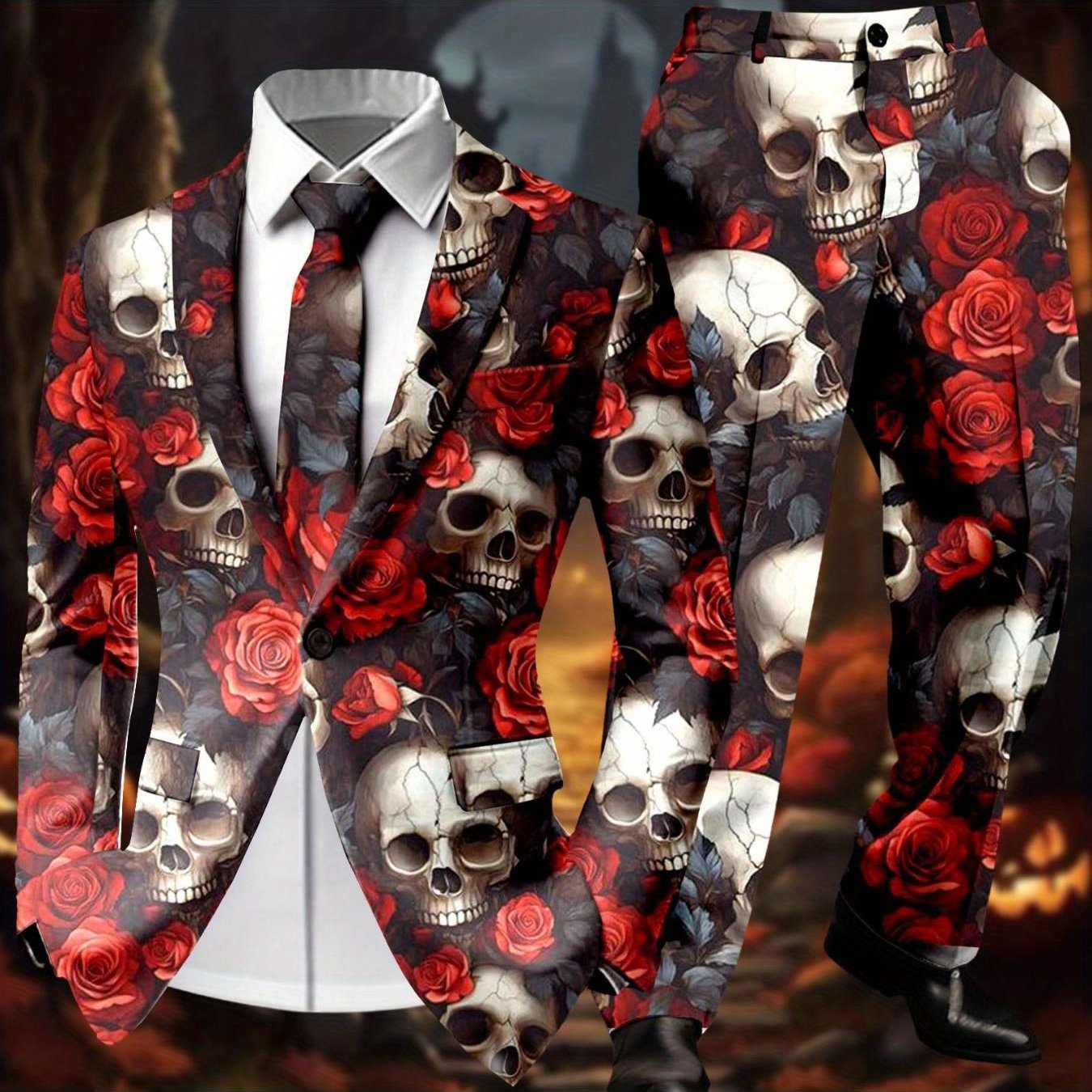 Men'S Halloween Gothic Skull & Rose Print Suit - Slim-Fit Tuxedo-Style Party Suit with Black/Red Contrast, All-Season Formal Attire for Themed Events, Costume Balls & Casual Outfits - Unique Statement Piece for Men, Elegant S