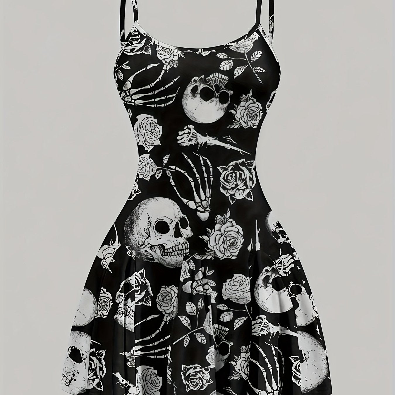 [Y2K Mini Dress] Y2K-Inspired Mini Dress | Black A-Line Summer Dress with Thin Straps, Floral Skull Print - Perfect for Halloween & Casual Outfits