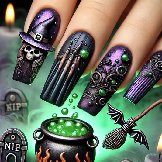 [24pcs Halloween Nail Art Set] 24pcs Halloween Nail Art Set - Spooky Witch Hat, Broomstick & Skull Design with Green Bubble Accents, Removable Ballet Nails for Festive Manicure