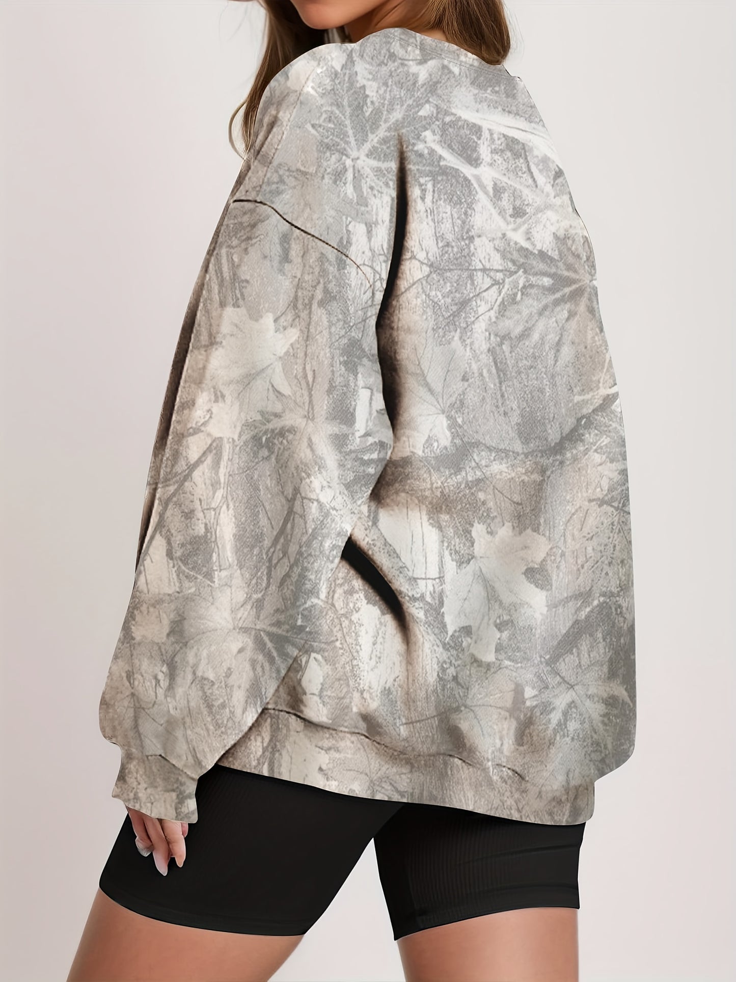 Women'S Oversized Camo Sweatshirt - Long Sleeve, Loose Fit, Green & Black Leaf Pattern, Casual Pullover with Ribbed Cuffs, All-Season Comfort, Casual Wear | Relaxed Fit Top | Construction, Sweater Hoodie