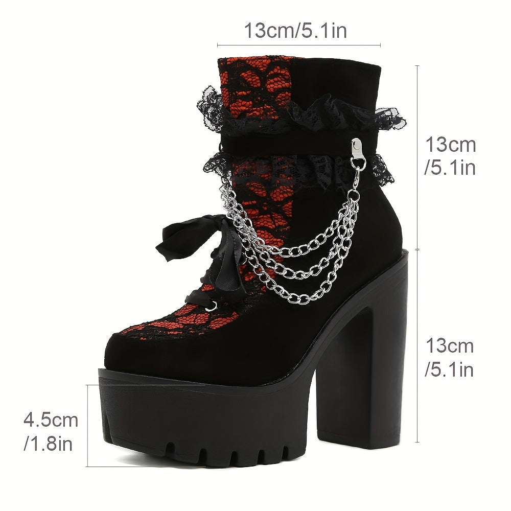 GDGYDH Vintage Gothic Lace Ankle Boots for Women - Chunky Heel, Side Zipper with Chain Detail, Round Toe, All-Season Compatibility, Black & Red Gradient