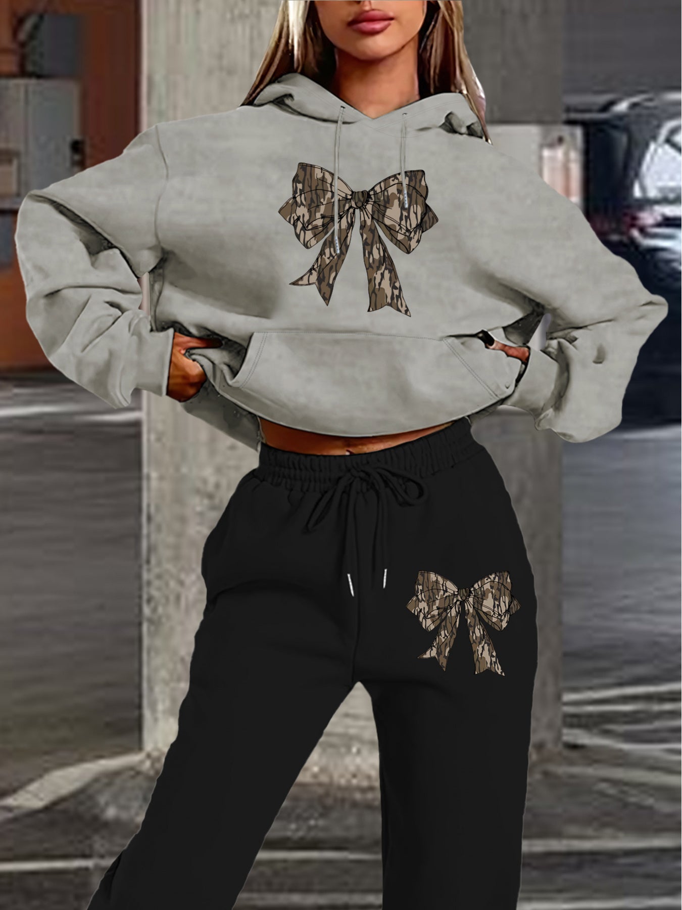 2024 Women's Navy Blue Hoodie & Jogger Set with Camo Bow Detail - Casual Long Sleeve, 100% Polyester Outfit, Machine Washable, Perfect for Fall/Winter