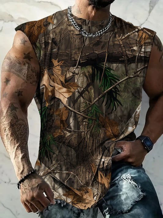 Men's 3D Camouflage Print Tank Top - Breathable Sleeveless Shirt with Realistic Leaf & Branch Design, Lightweight Comfort for Summer Gym, Basketball Training & Casual Wear, Graphic Tank Top, Gym Apparel, Durable Sportswear