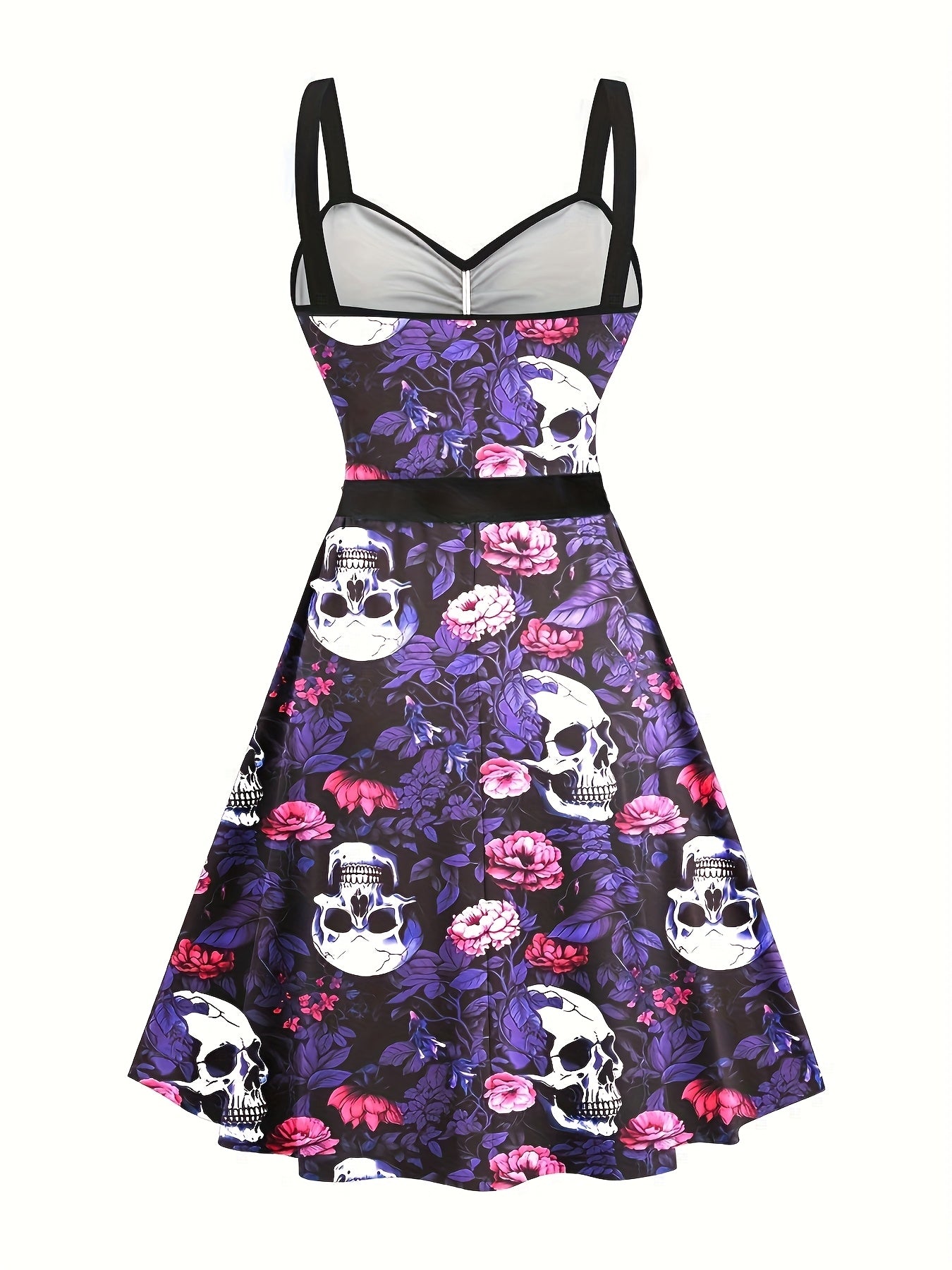 Women'S Floral Skull Print Pleated Bodice Sleeveless Summer Camisole Dress with Belt