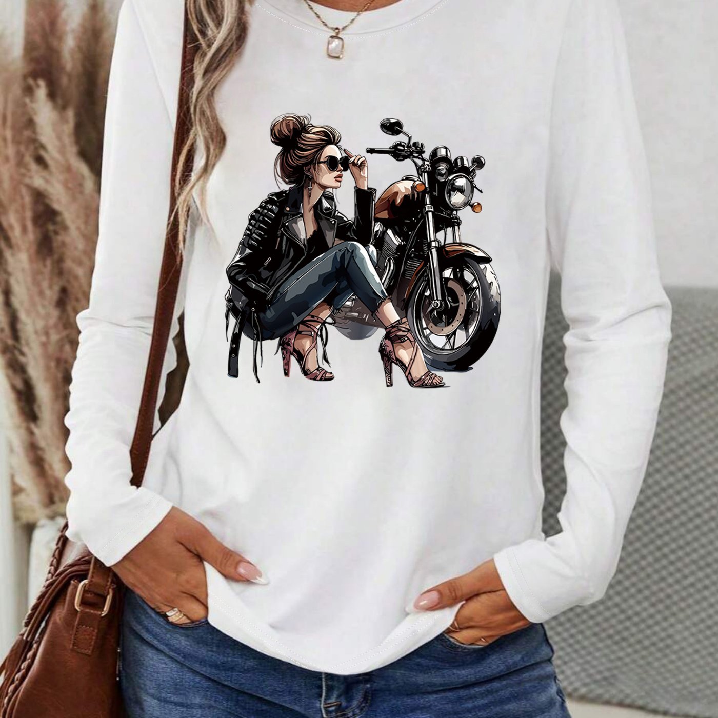 [Vibrant Yellow T-Shirt] Vibrant Yellow Women's Motorcycle Graphic Long Sleeve T-Shirt | Casual Round Neck Spring Summer Top with Geometric Print, Machine Washable, Relaxed Fit, Durable