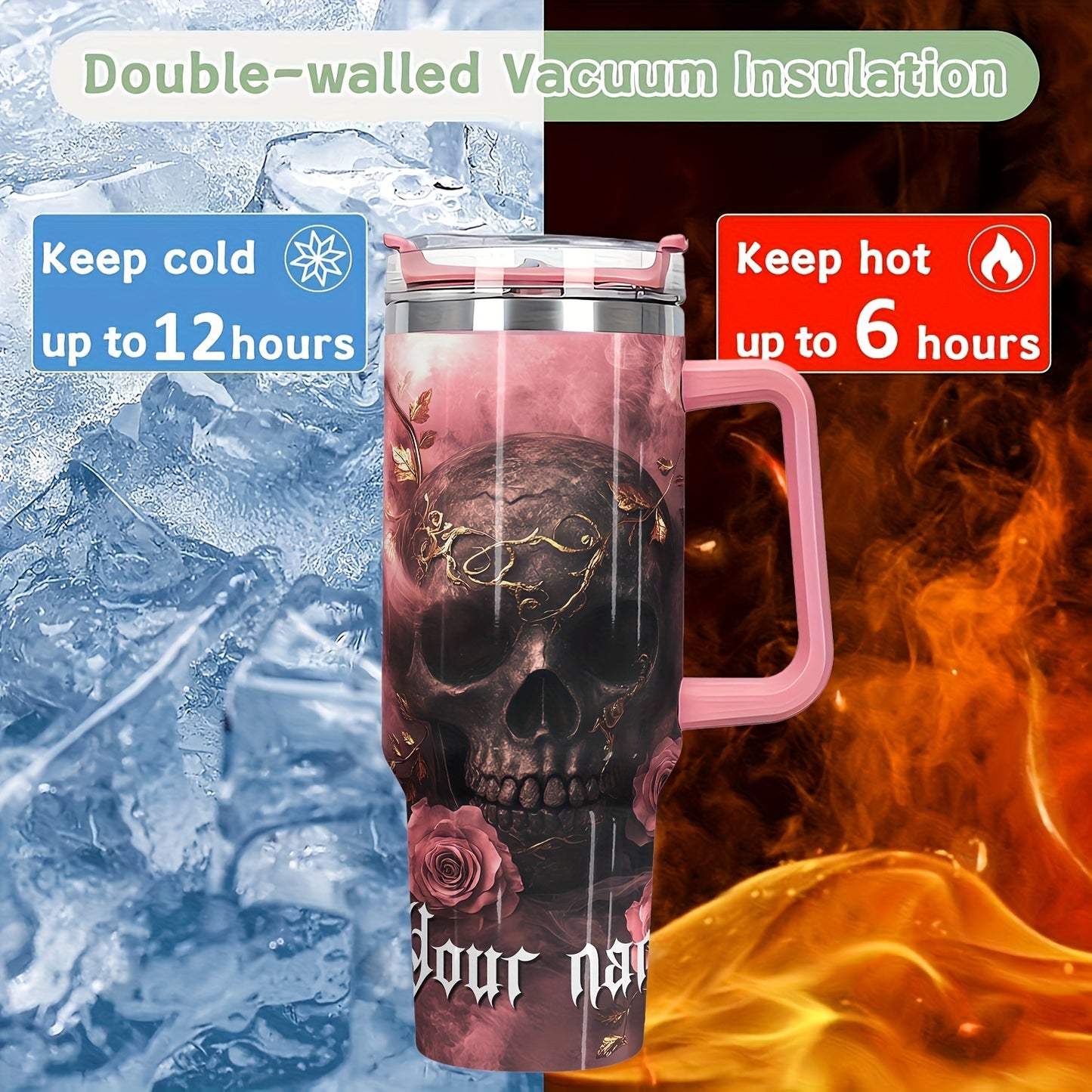 1pc MISVAN Personalized Tumbler with Lid - Custom Name Pink Golden Rose Skull Print 40oz Stainless Steel Insulated Water Bottle, BPA-Free Hot & Cold Drinkware for Outdoor Travel, Mother's Day Father's Day Graduation Gifts