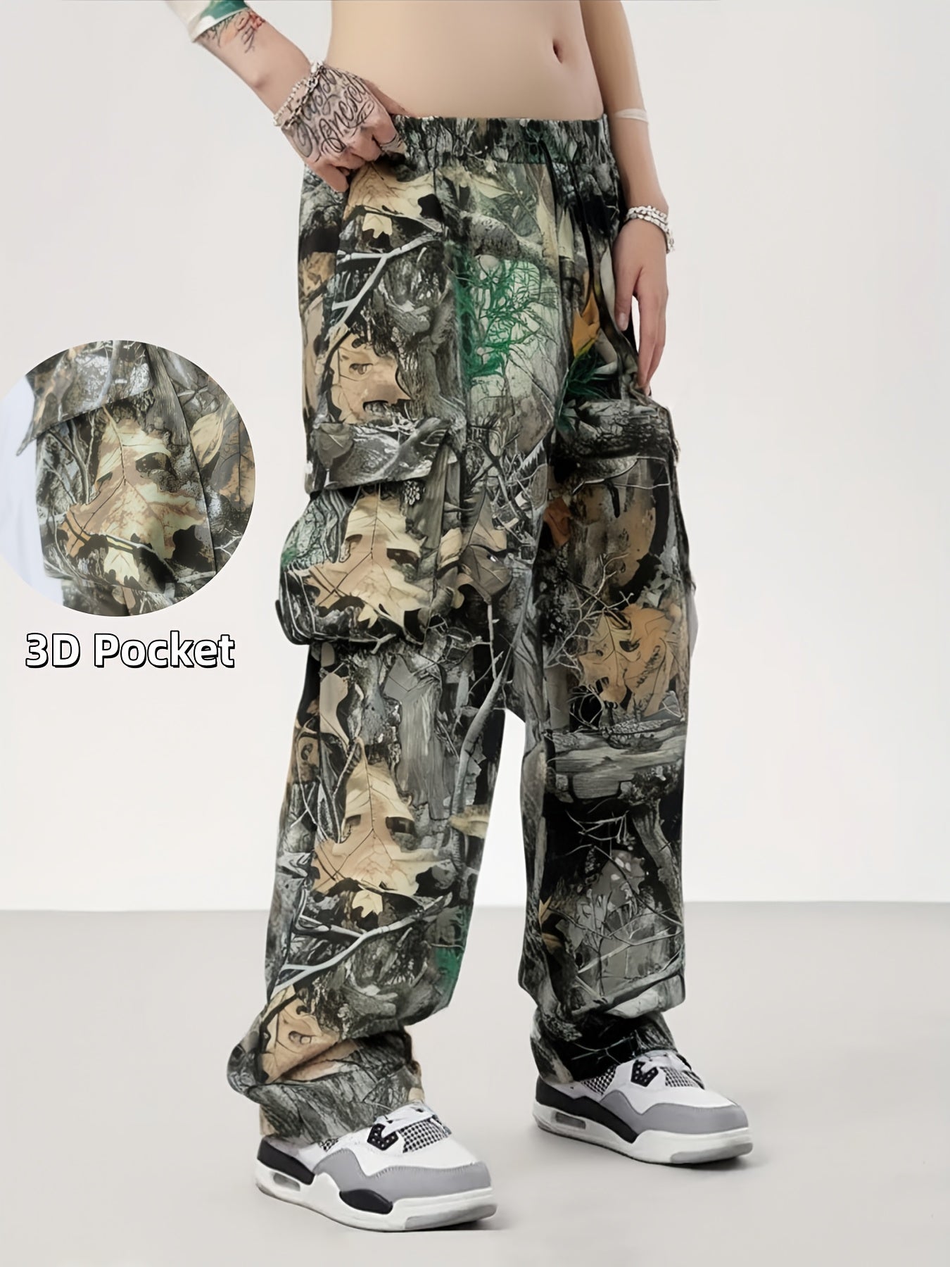 Men's Plus Size Camo Cargo Pants with 3D Pocket Detail - Trendy All-Over Print, Multi-Pocket Design, Polyester for Outdoor, Sports & Streetwear, PLUS SIZE