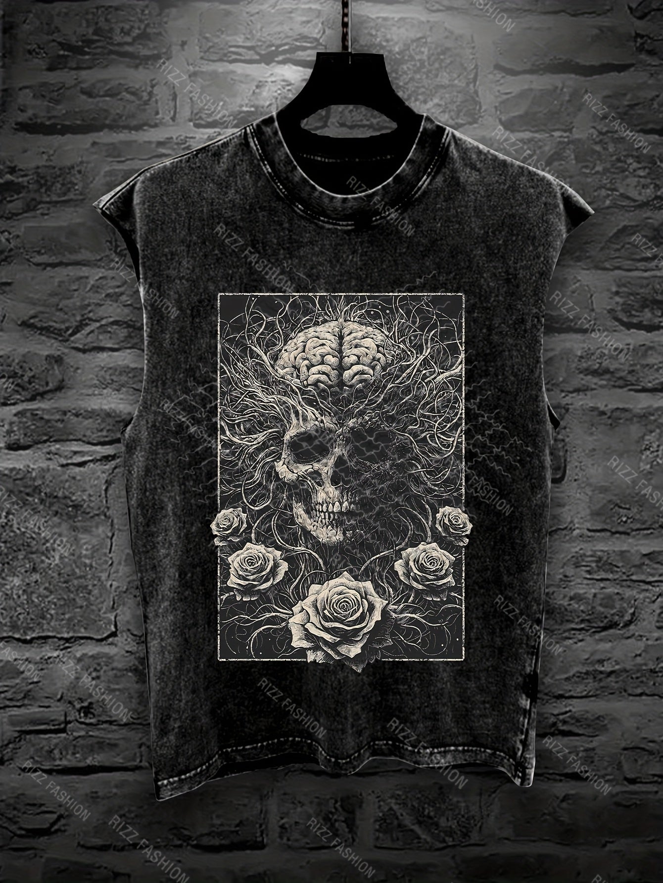 Men'S Gothic Sleeveless Vest - Dark Skeleton & Rose Print Streetwear Punk Style Loose Fit Washed Top | Edgy Skull & Rose Design with Intricate Bone & Bat Wing Patterns | Summer Outdoor Casual Wear, Concerts, Gothic Outfits |
