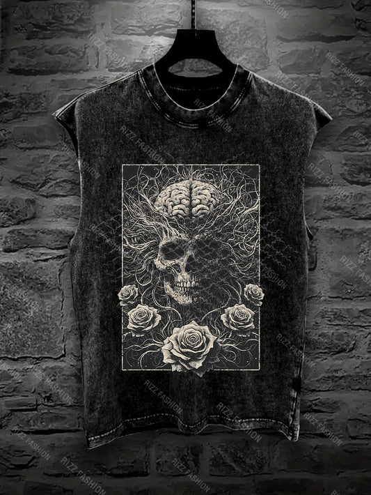Men'S Gothic Sleeveless Vest - Dark Skeleton & Rose Print Streetwear Punk Style Loose Fit Washed Top | Edgy Skull & Rose Design with Intricate Bone & Bat Wing Patterns | Summer Outdoor Casual Wear, Concerts, Gothic Outfits |