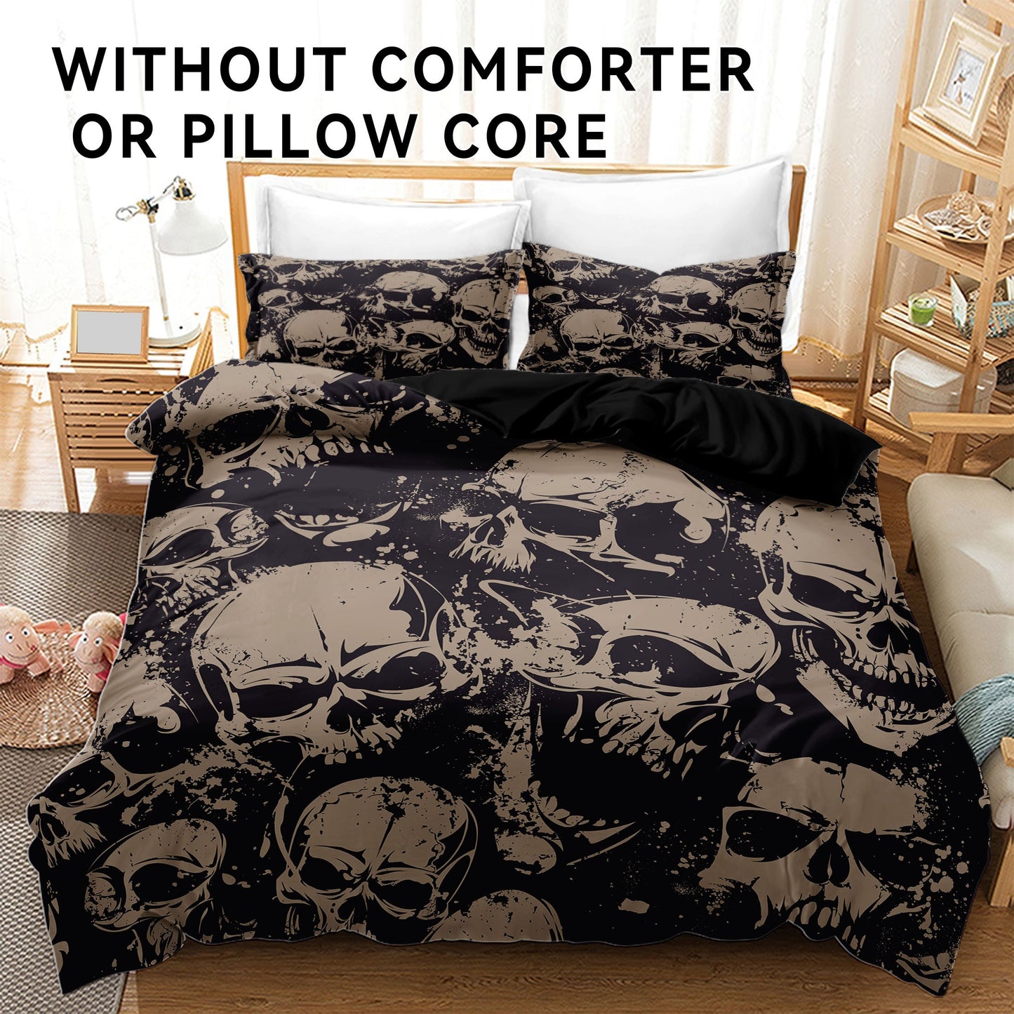3-Piece Polyester Skull Print Bedding Set: Perfect for Bedroom or Guest Room. Soft and Comfortable with No Core Included (1x Duvet Cover + 2x Pillow Covers)