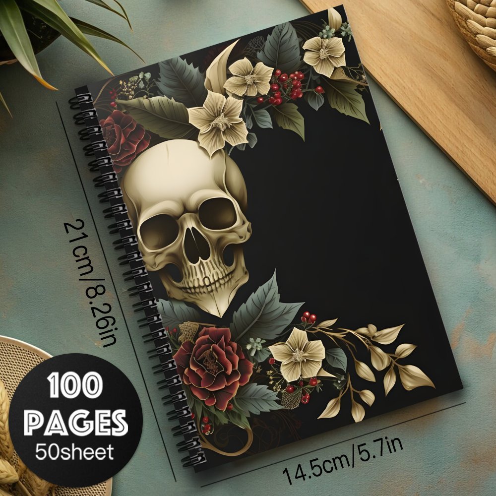[Gothic Spiral Notebook] Gothic Spiral Notebook Journal - 1pc Witchy Office Supplies, 100 Pages, Black with Floral Skull Design, Perfect for Travel, Daily Writing, and Gothic Mystical Notes, Ideal Gift for Teen Girls, Skeleto