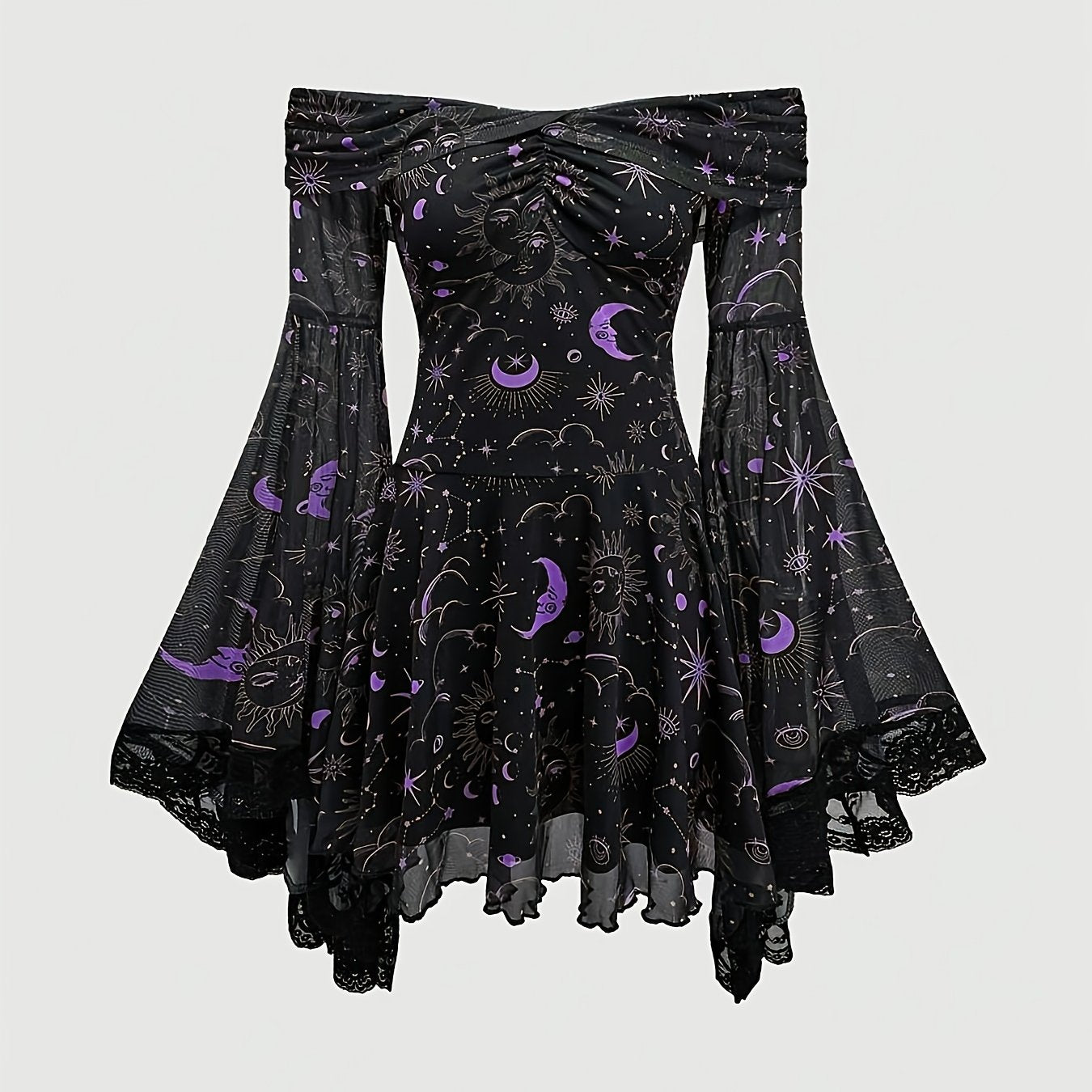 Plus Size Women's Elegant Off-Shoulder Dress with Sheer Lace Sleeves & Starry Night Print - A-Line Mid-Length Summer Dress, Machine Washable, Formal Evening Wear, Semitransparent Material, Stretchy Fabric Gown