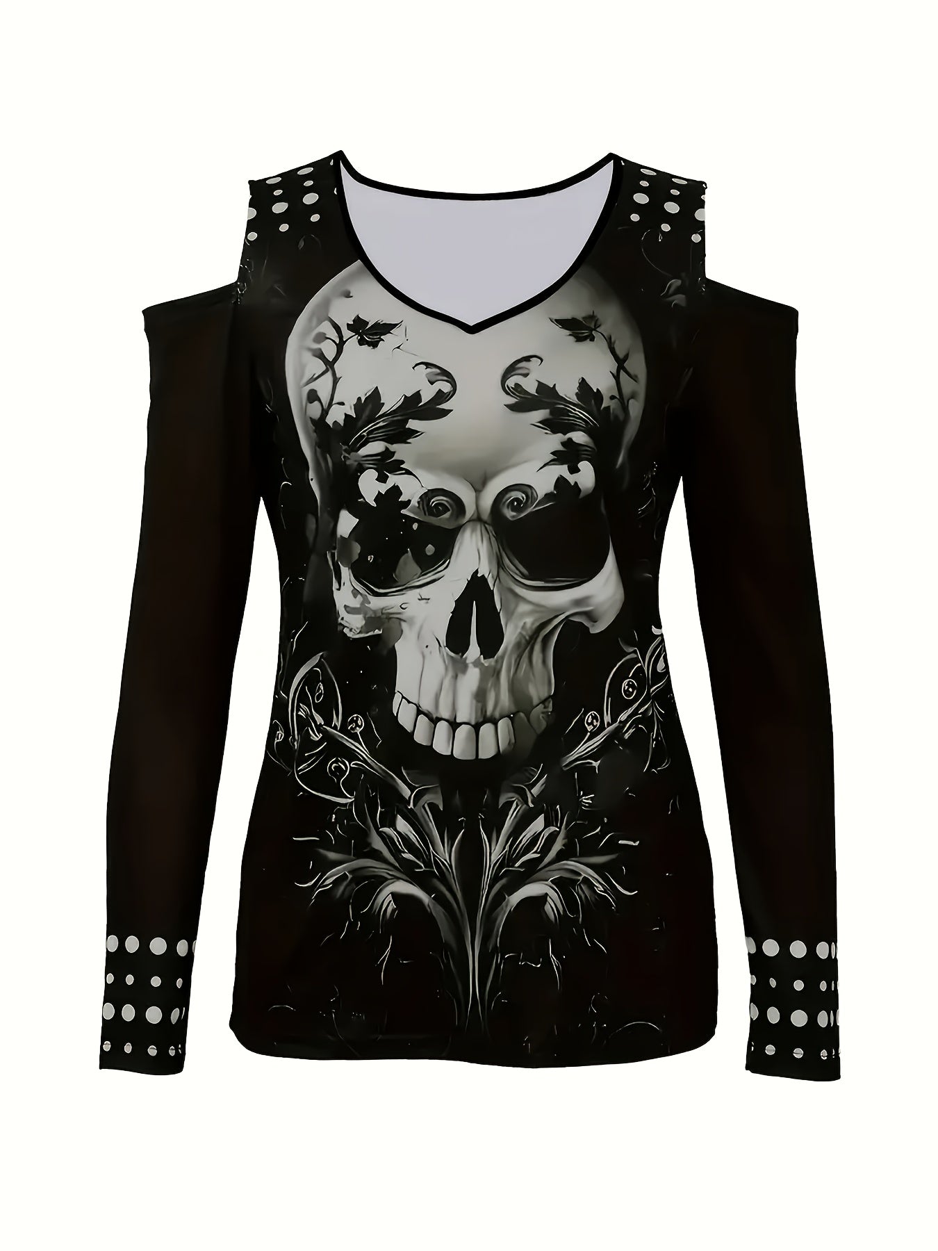 Women's Gothic Skull & Floral Print Long Sleeve T-Shirt - V-Neck Cold Shoulder Top with Lace Trim, Edgy Streetwear Casual Comfort Fit, Machine Washable All-Season Fashion Tee, Lace Trim Detail, Stretchy Material