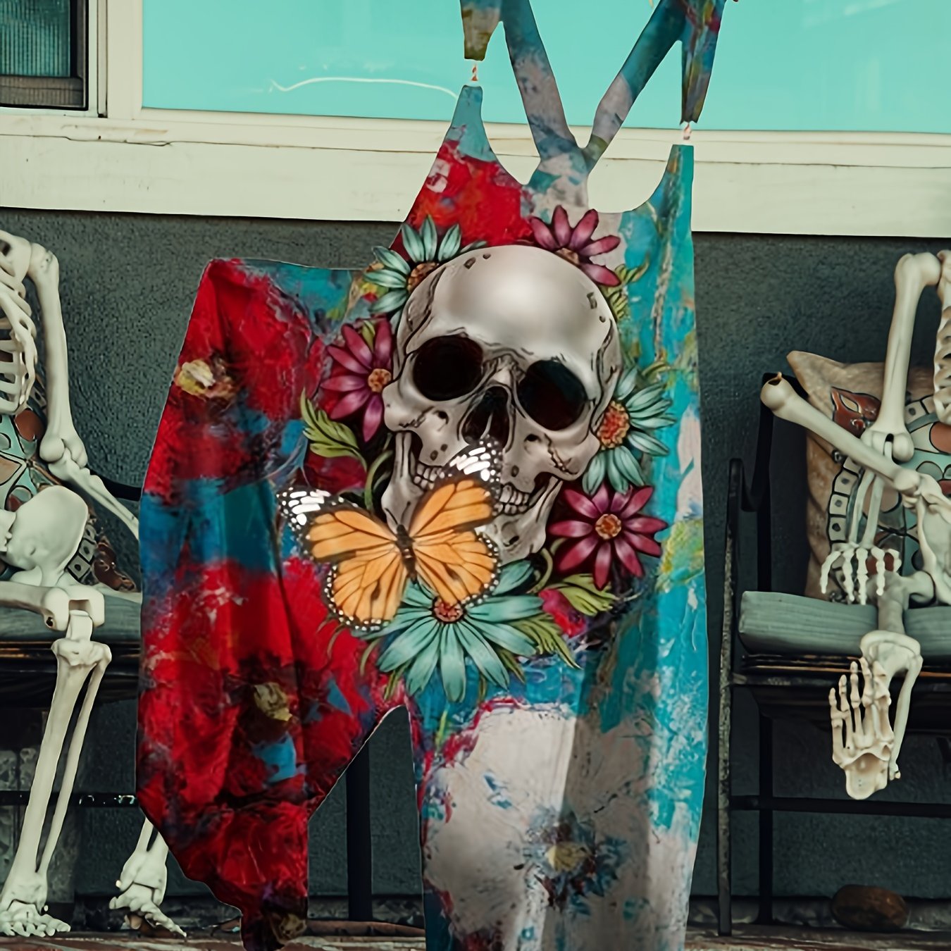 Women's Punk Skull & Floral Print Sleeveless Jumpsuit - Gothic Loose-Fit Overalls for Casual or Party Wear, Vibrant Red & Blue Design with Butterfly Accents