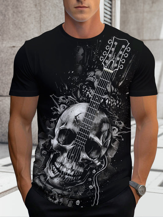 [RED SPY Rock T-Shirt] RED SPY Men's Rock Graphic T-Shirt - Black & White Skull Guitar Tee, Regular Fit Short Sleeve, Machine Washable, Hot Transfer Print, Concerts, Casual, Weekend, Edgy, Comfortable, Printed, Young Adults