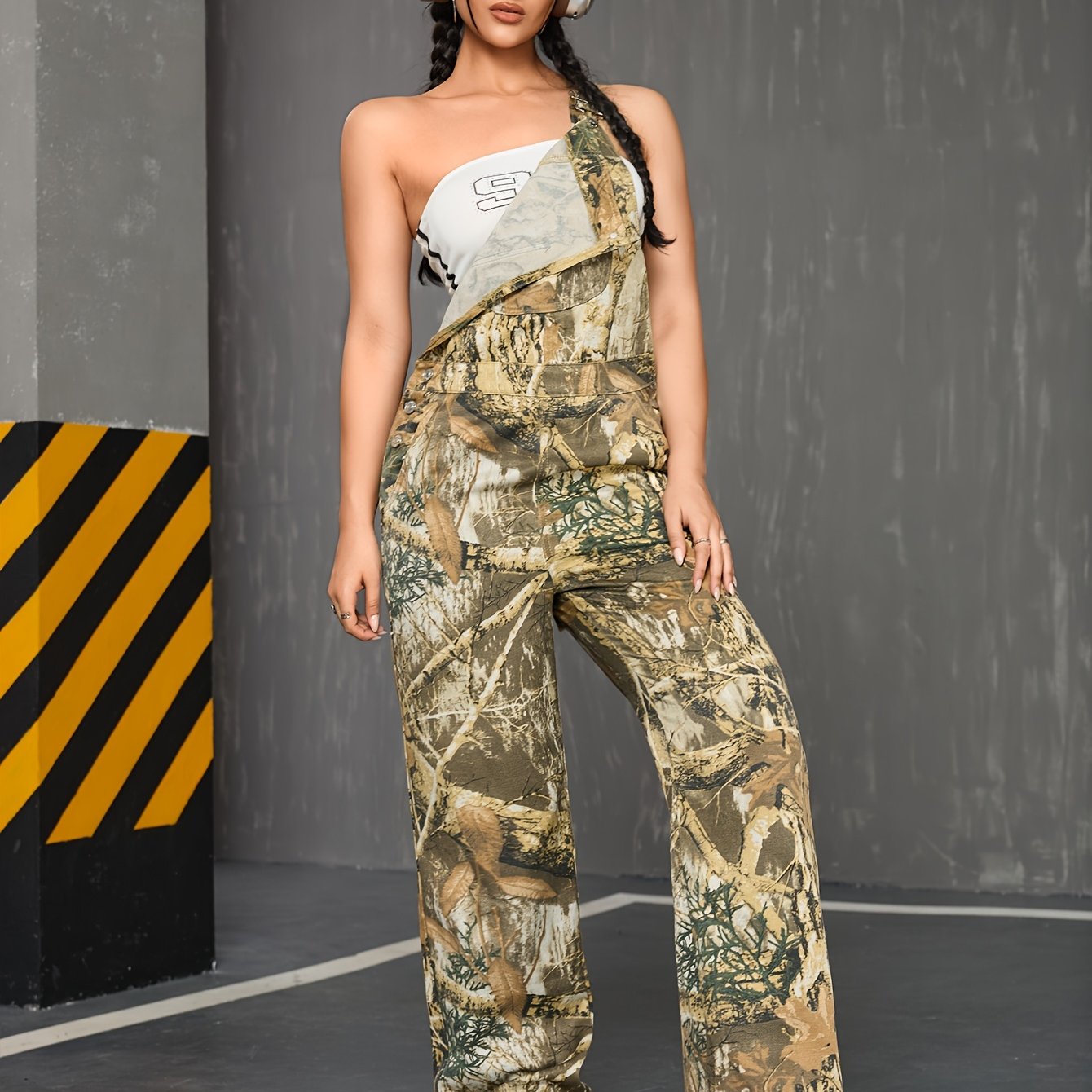 Women's Cool, Non-stretch, Fashionable Multi-color Washing Camouflage Casual Shoulder Strap Straight Jeans