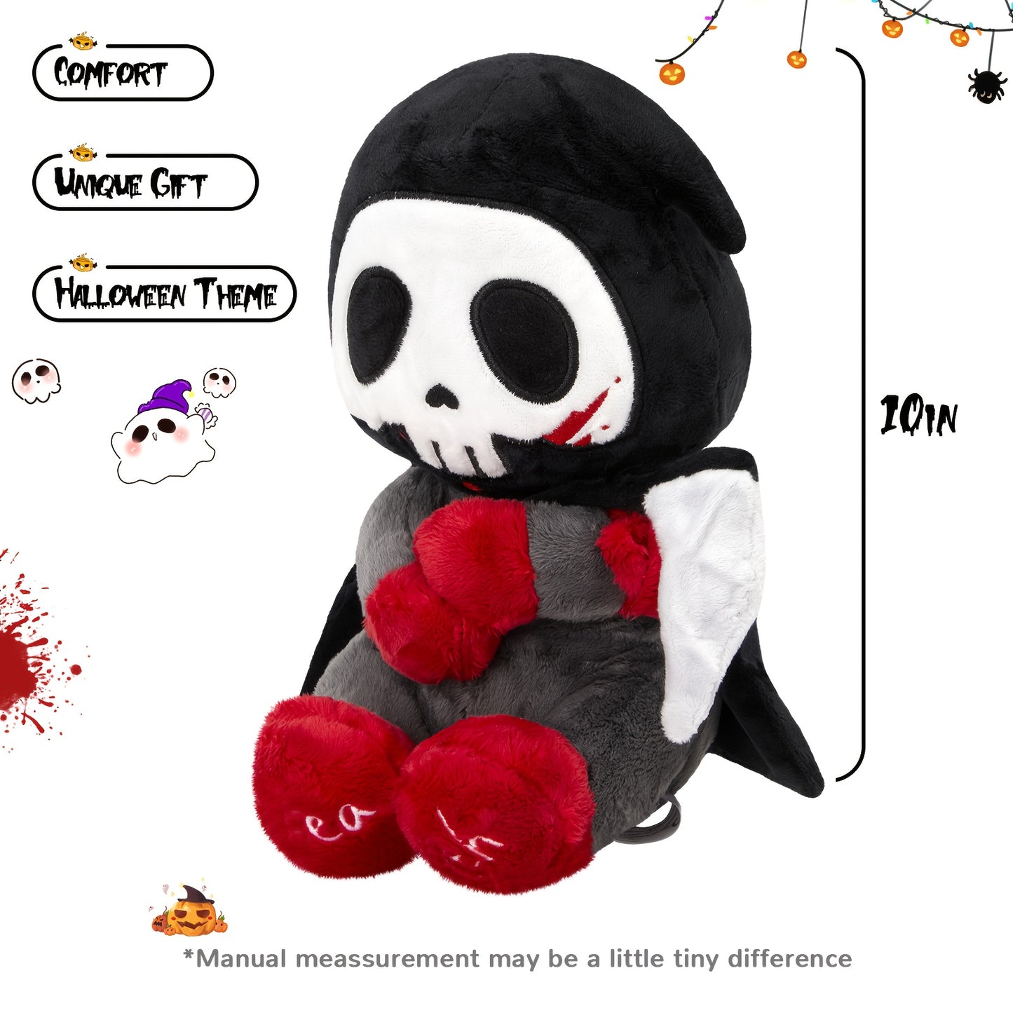 10" Otto Reaper Plush Toy, Halloween Skull Grim Reaper Stuffed Animal with Black Cape And Detachable Reaper Scythe, Funny Doll Skull Death Plushies Holiday Plush Toy Doll, Halloween Decor, Spooky Decor, Holiday Decoration, Go