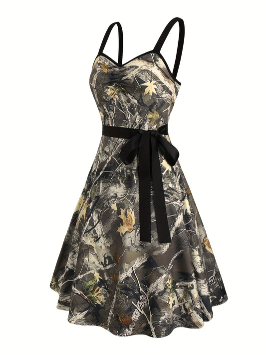 Women's Casual Sleeveless Off-Shoulder Mini Dress with Leaf & Branch Camo Print, Adjustable Waist Tie Belt, Ruched Bust Detail - Machine Washable Stretchy for Spring Summer Fall