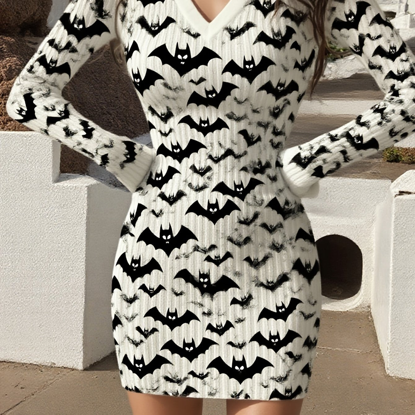 Women's Sexy Bat & Black Ribbon White Sweater Dress - Hugging Slim-Fit V-Neck Long Sleeve Batwing Sleeve Costume, Mid-Length Gothic Party Outfit for Halloween Costumes & Winter Wear, Affordable Bat Pattern Dress, Winter Dress