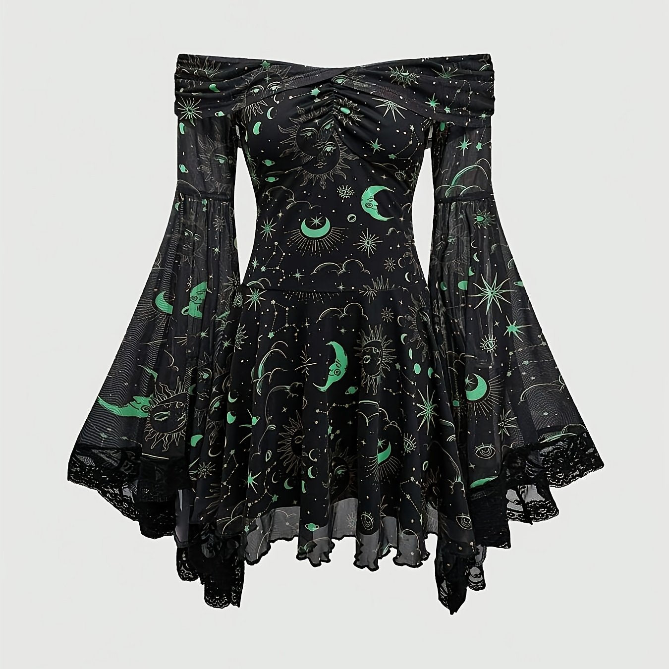 Plus Size Women's Elegant Off-Shoulder Dress with Sheer Lace Sleeves & Starry Night Print - A-Line Mid-Length Summer Dress, Machine Washable, Formal Evening Wear, Semitransparent Material, Stretchy Fabric Gown
