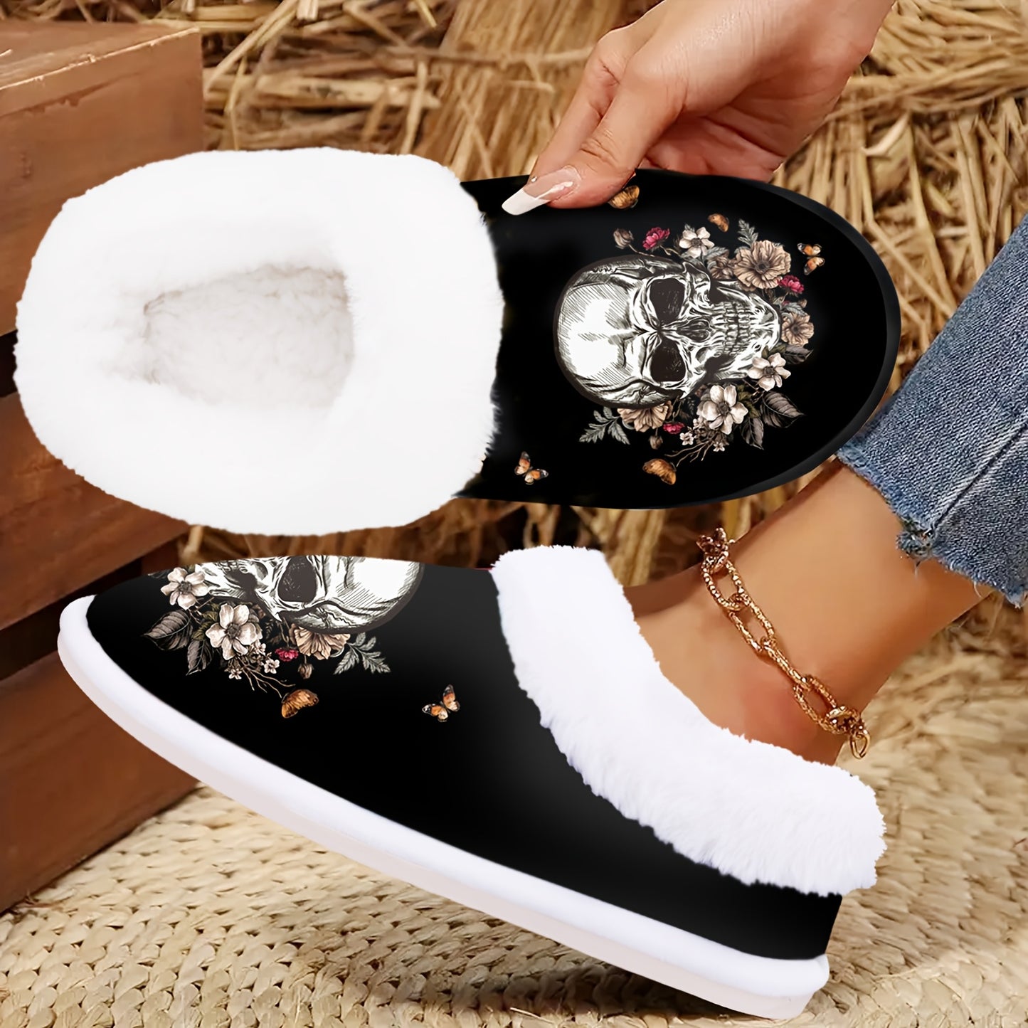 Women'S Gothic Halloween Slippers - Slip-On House Shoes with Non-Slip Rubber Sole, Soft Indoor/Outdoor Winter Footwear - Machine Washable & Skull Floral design for Halloween Party Decorations - Cozy Cold Weather Footwear Gift