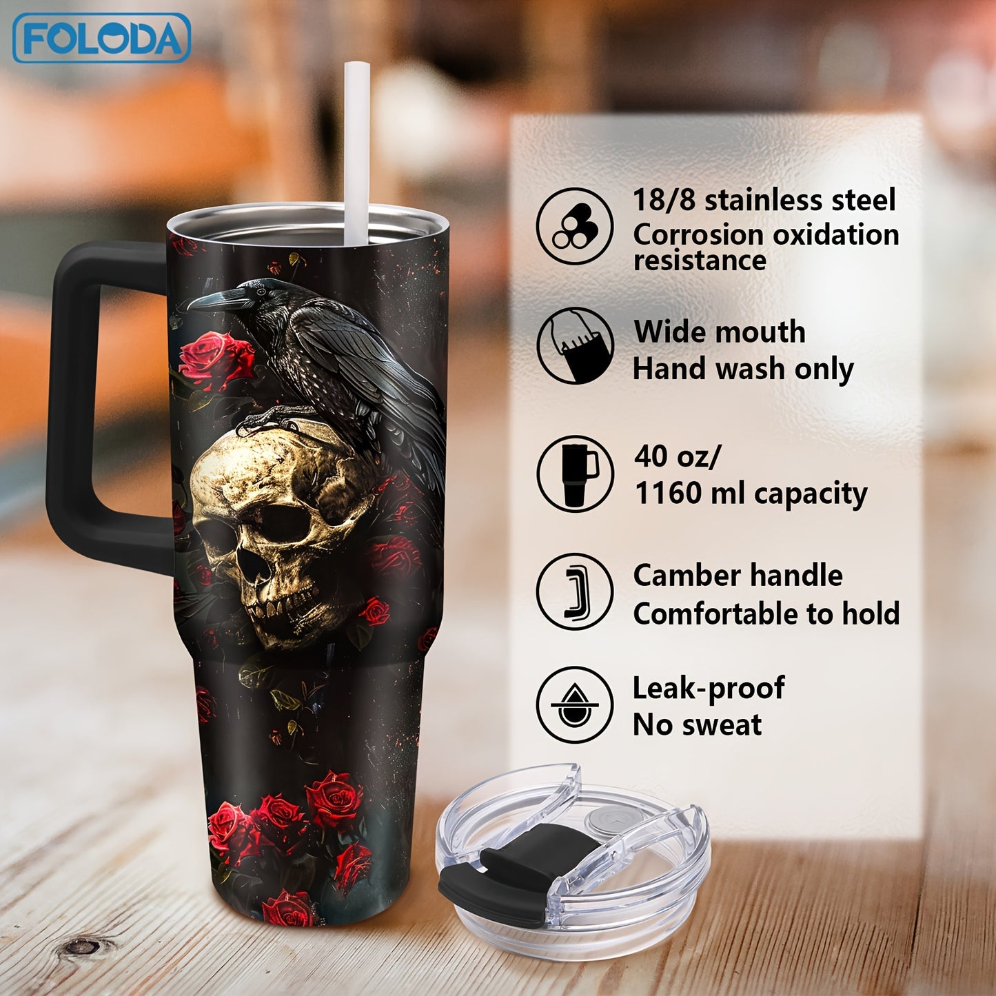 [Cool Skull Tumbler] Foloda 1pc Stainless Steel 40oz Tumbler with Lid Handle Straw, Cool Skull Raven, Gothic Skull Coffee Mug, Travel Cup, Birthday Gifts for Skeleton Lovers, Horror Lovers Christmas Gifts for Halloween Gift O