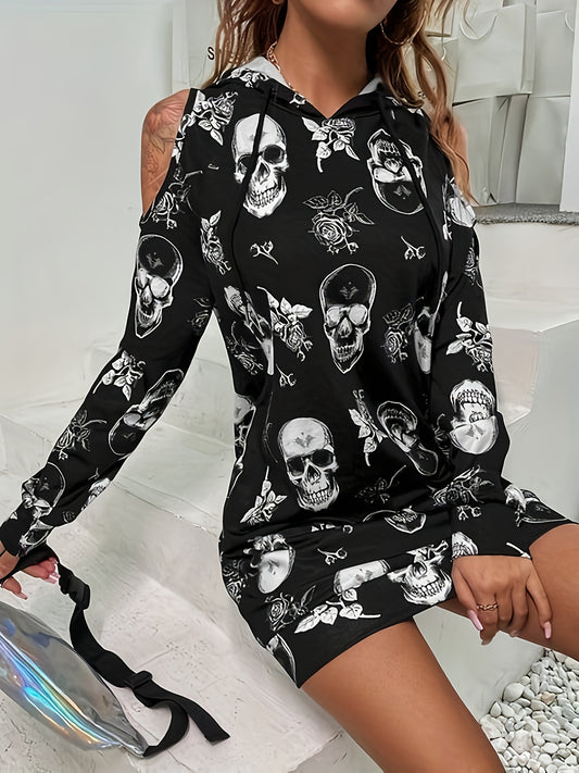 Women's Gothic Skull Print Hooded Dress with Long Sleeve - Black & White Gothic Pattern A-Line Silhouette, Machine Washable Winter Warmth, Round Neck to Hooded Collar, Themed Party Outfit for Halloween, Everyday & Formal Even