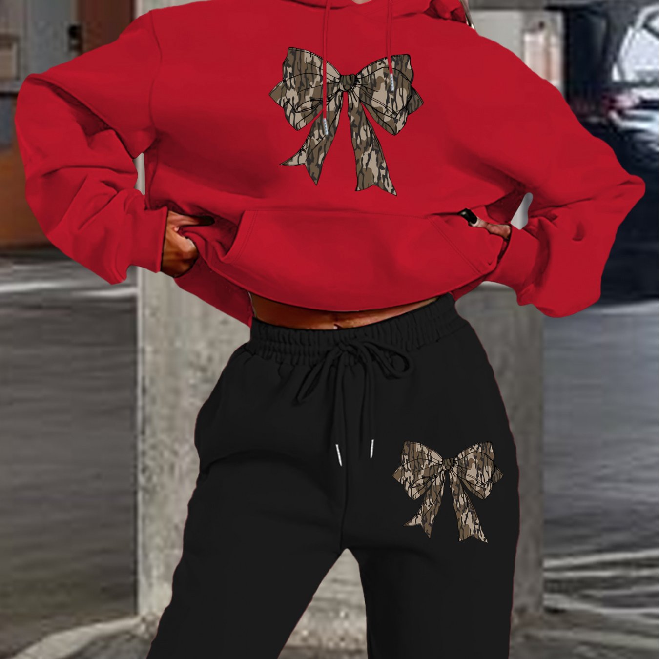 2024 Women's Navy Blue Hoodie & Jogger Set with Camo Bow Detail - Casual Long Sleeve, 100% Polyester Outfit, Machine Washable, Perfect for Fall/Winter