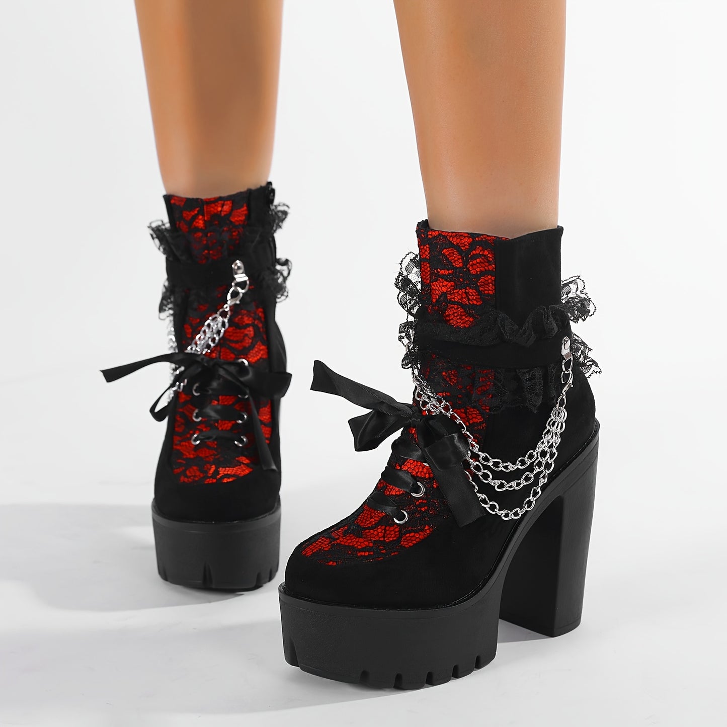 GDGYDH Vintage Gothic Lace Ankle Boots for Women - Chunky Heel, Side Zipper with Chain Detail, Round Toe, All-Season Compatibility, Black & Red Gradient