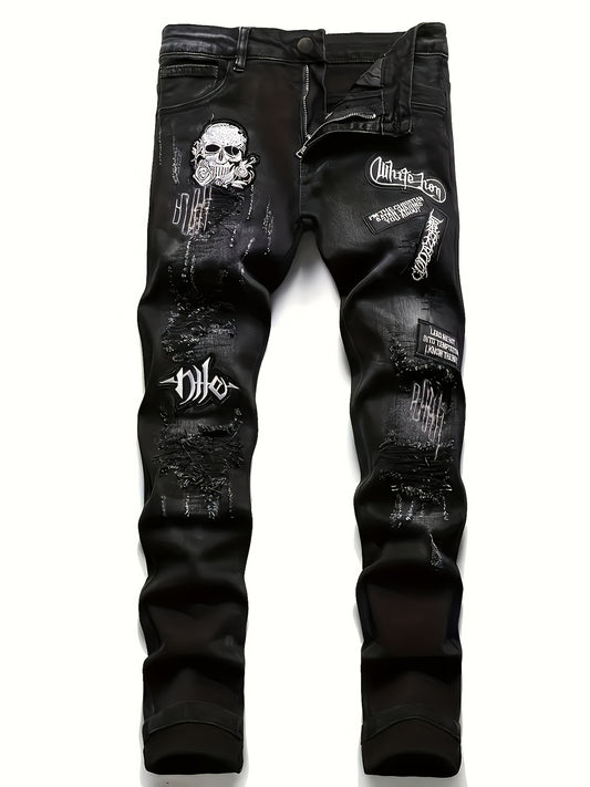 Men'S Streetwear Embroidered Distressed Straight-Leg Jeans - Slim Fit, Washed Denim with Skull & Crossbones Design, Zipper Fly, All-Season Casual Wear, Streetwear Jeans | Edgy Streetwear | Detailed Embroidery