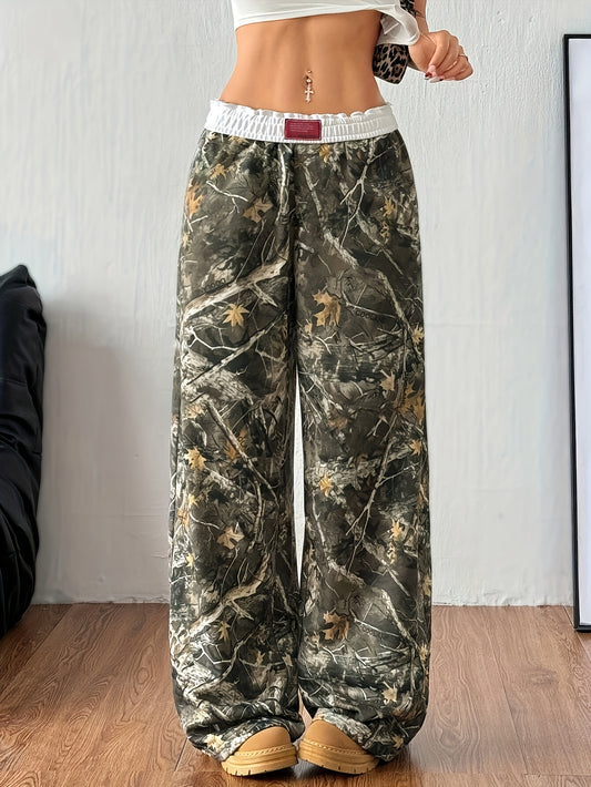 Women's Camouflage Print Cargo Jogger Pants with Elastic Waist & Belt - Wide-Leg Relaxed Fit, All-Season Casual Outdoor Pants, Machine Washable Camo Workwear for Everyday Comfort