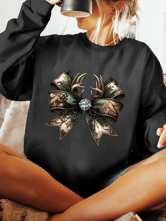 Women's Camouflage Flirty Bow Print Sweatshirt - Cozy Round Neck Casual Pullover with Sparkling Gemstone Accent, Medium Stretch Machine-Washable Winter & Autumn Top, Cute Sweatshirts, Autumn Apparel, Comfortable Fit
