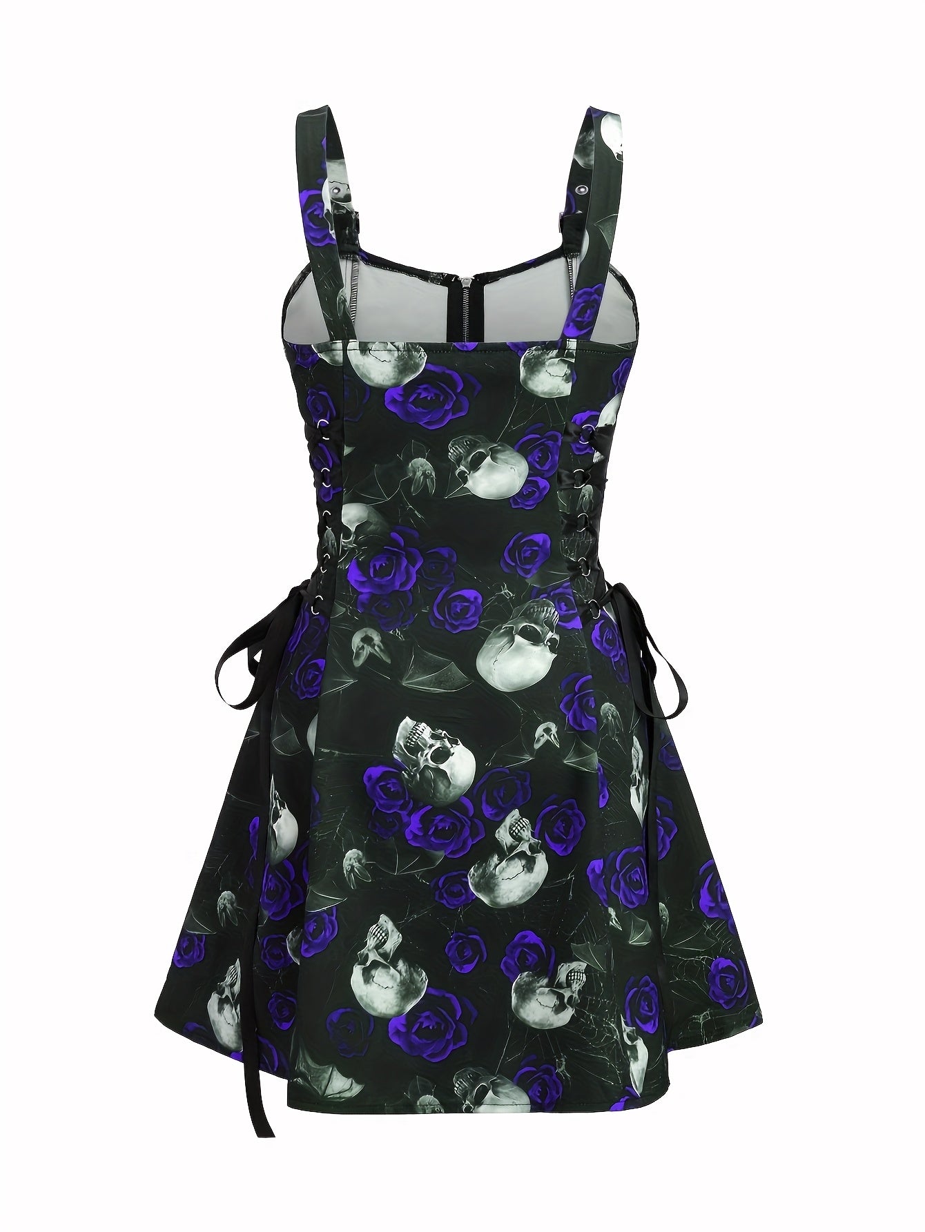 [Gothic Rose Midi Dress] Elegant Halloween Women's Gothic Rose Print Midi Dress | Casual Sleeveless A-Line Skirt with Back Zipper and Corset Detail, Black with White Floral Pattern