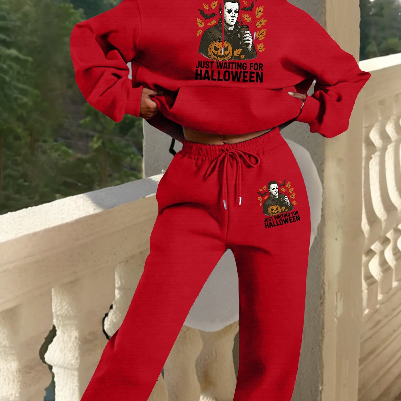 2025 Autumn Winter New Arrival, Halloween Horror Pattern Hoodie and Sweatpants Set, Casual Style, with Pockets, for Women, Fall/Winter Collection, Halloween Costume|Casual Style Hoodie|Pocketed Hoodie, Halloween Costume Set,