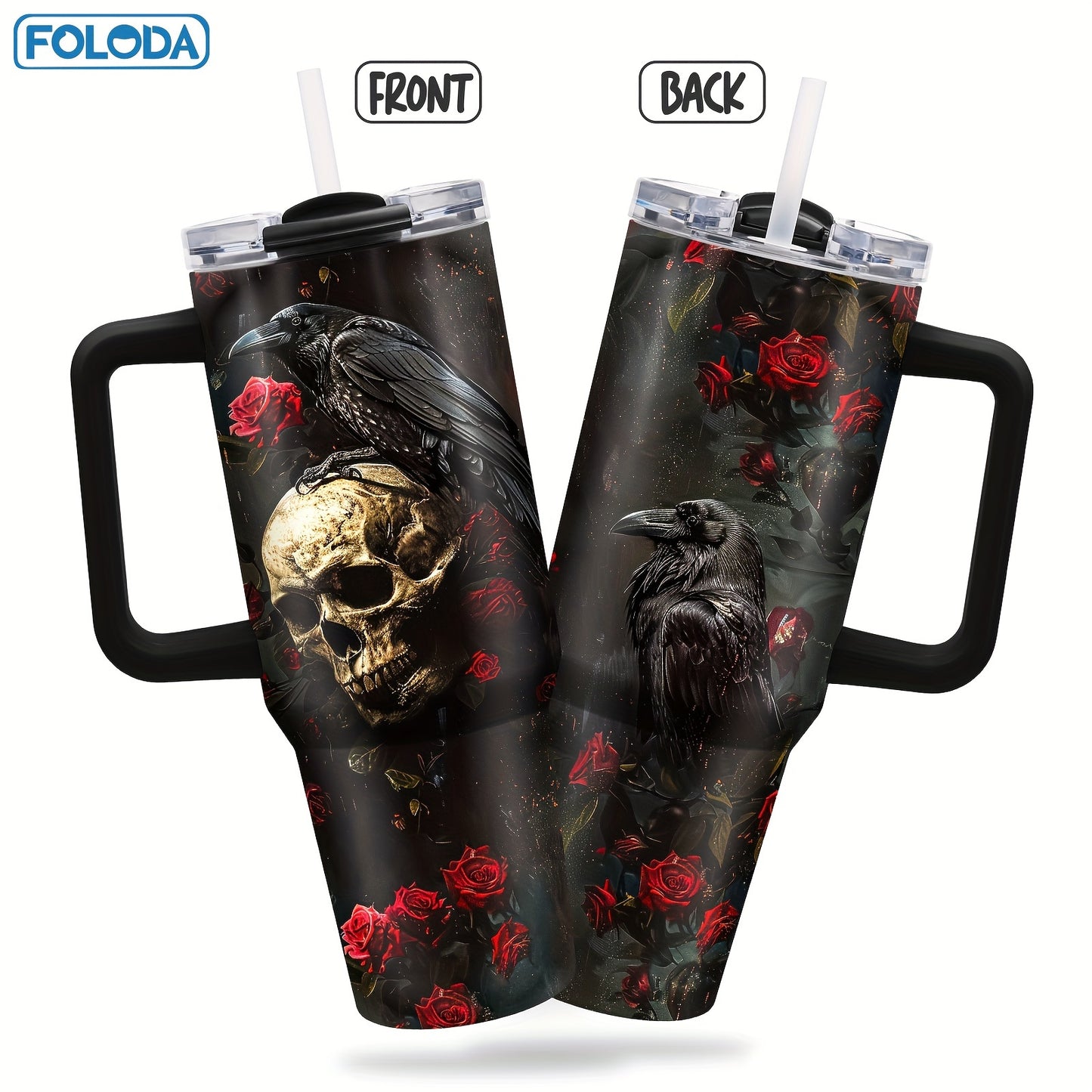 [Cool Skull Tumbler] Foloda 1pc Stainless Steel 40oz Tumbler with Lid Handle Straw, Cool Skull Raven, Gothic Skull Coffee Mug, Travel Cup, Birthday Gifts for Skeleton Lovers, Horror Lovers Christmas Gifts for Halloween Gift O