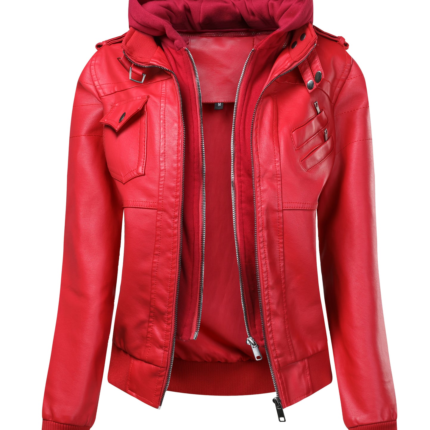[Black Hooded Jacket] Casual Black Women's Hooded Jacket | Faux Two-Piece Design, Zippered Pockets & Adjustable Straps | for Spring/Fall Outfits, Motorcycle Style