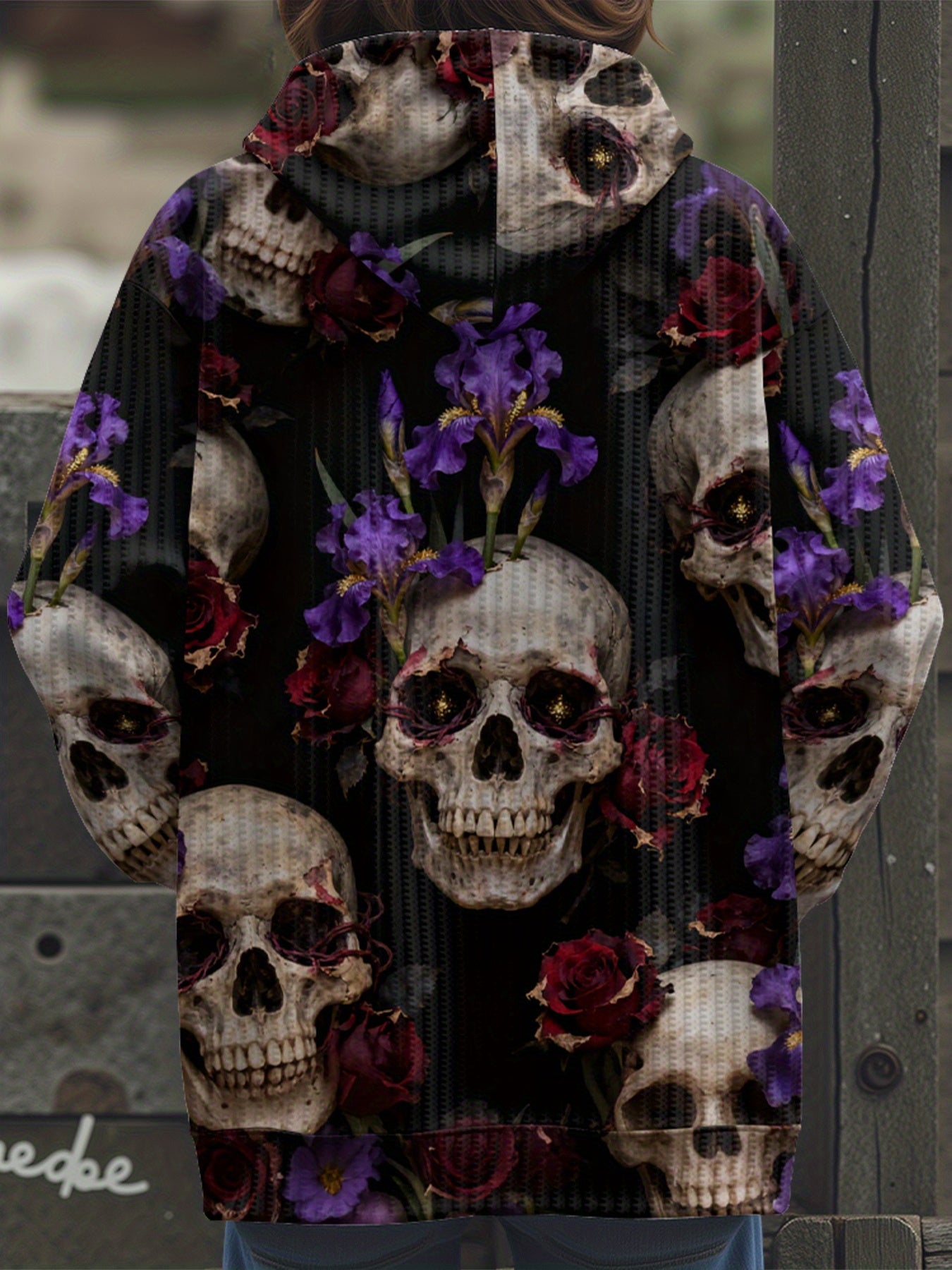 Women'S Gothic Victorian-Inspired Hooded Cardigan Sweater with Skull & Rose Pattern - Long Sleeve Loose Fit Button Front Closure, H-Line Silhouette, Split Hem - Cozy Fall Winter Outerwear for Halloween & Christmas, Casual to