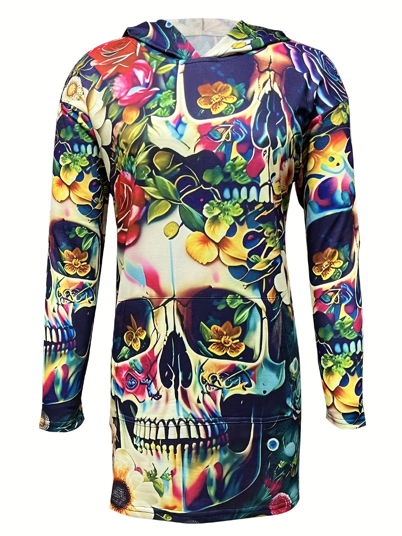 1pc Women'S Colorful Skull Hoodie Dress, Casual Polyester Knit with Slight Stretch, Long Sleeve Hooded Pullover with Pockets, All Over Print Loose Fit, Fall/Winter Fashion