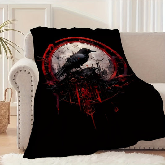 [1pc Gothic Crow Blanket] 1pc Gothic Crow Pattern Flannel Blanket | Halloween Gift Blanket for Family and Friends, Midday Nap Blanket, Throw Blanket, Sofa Blanket, Camping and Travel Multi-purpose